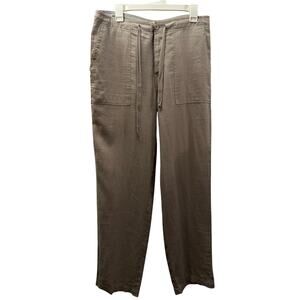 Blanc Bleu Womens Linen Pants Buttib Tan Size Large Drawstring Pockets